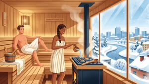 Современная иллюстрация интерьера финской сауны для статьи о выборе лучшего банного комплекса в Иваново